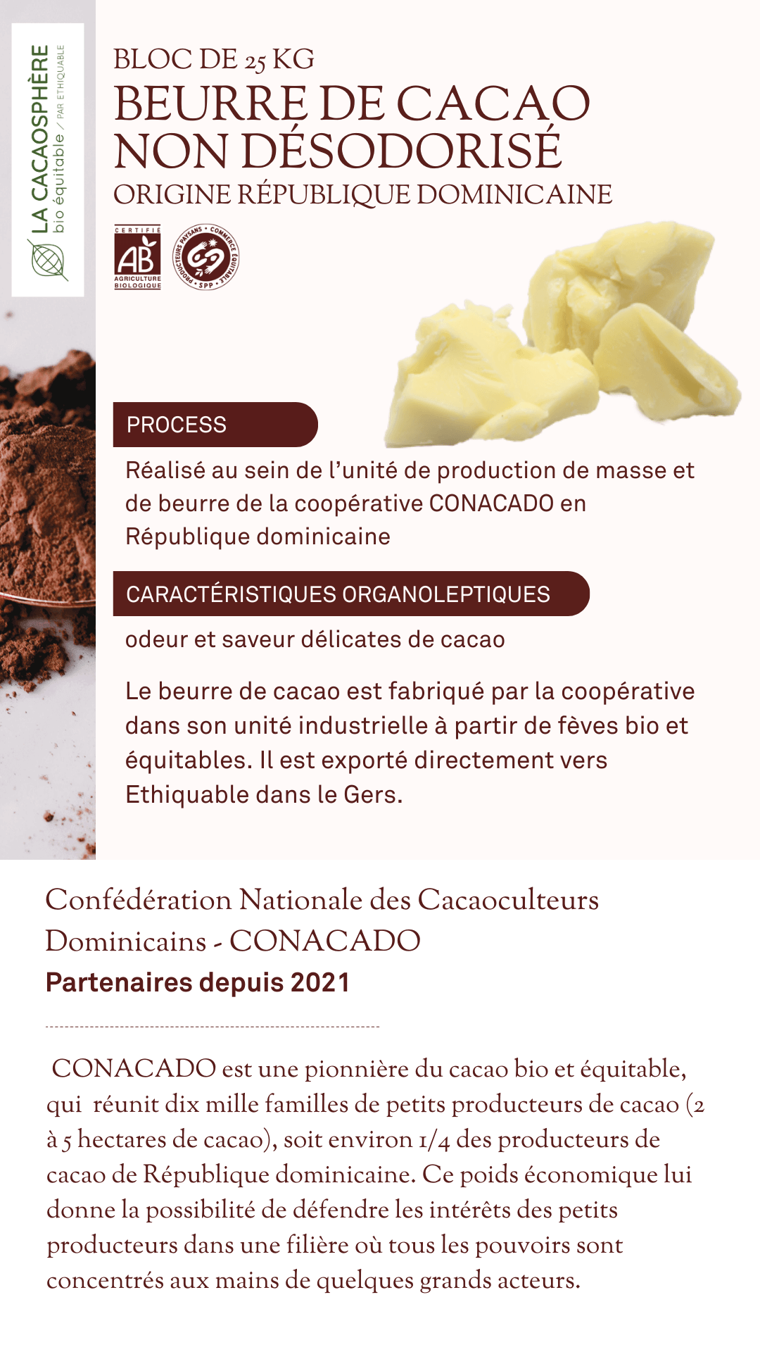 BEURRE de cacao NON DÉSODORISÉ La cacaosphère bio équitable