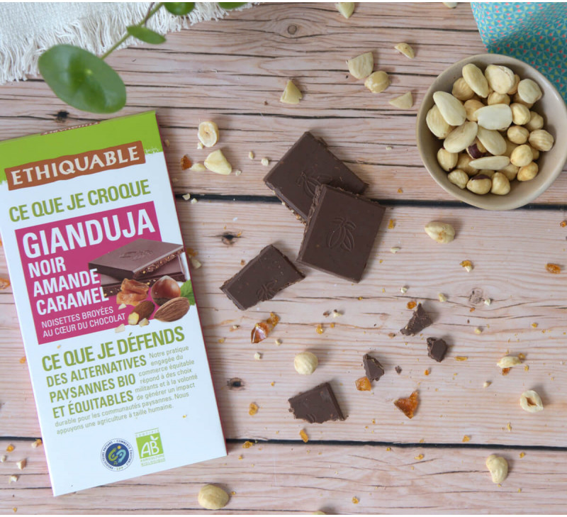 tablette ethiquable chocolat noir gianduja amande caramel equitable bio