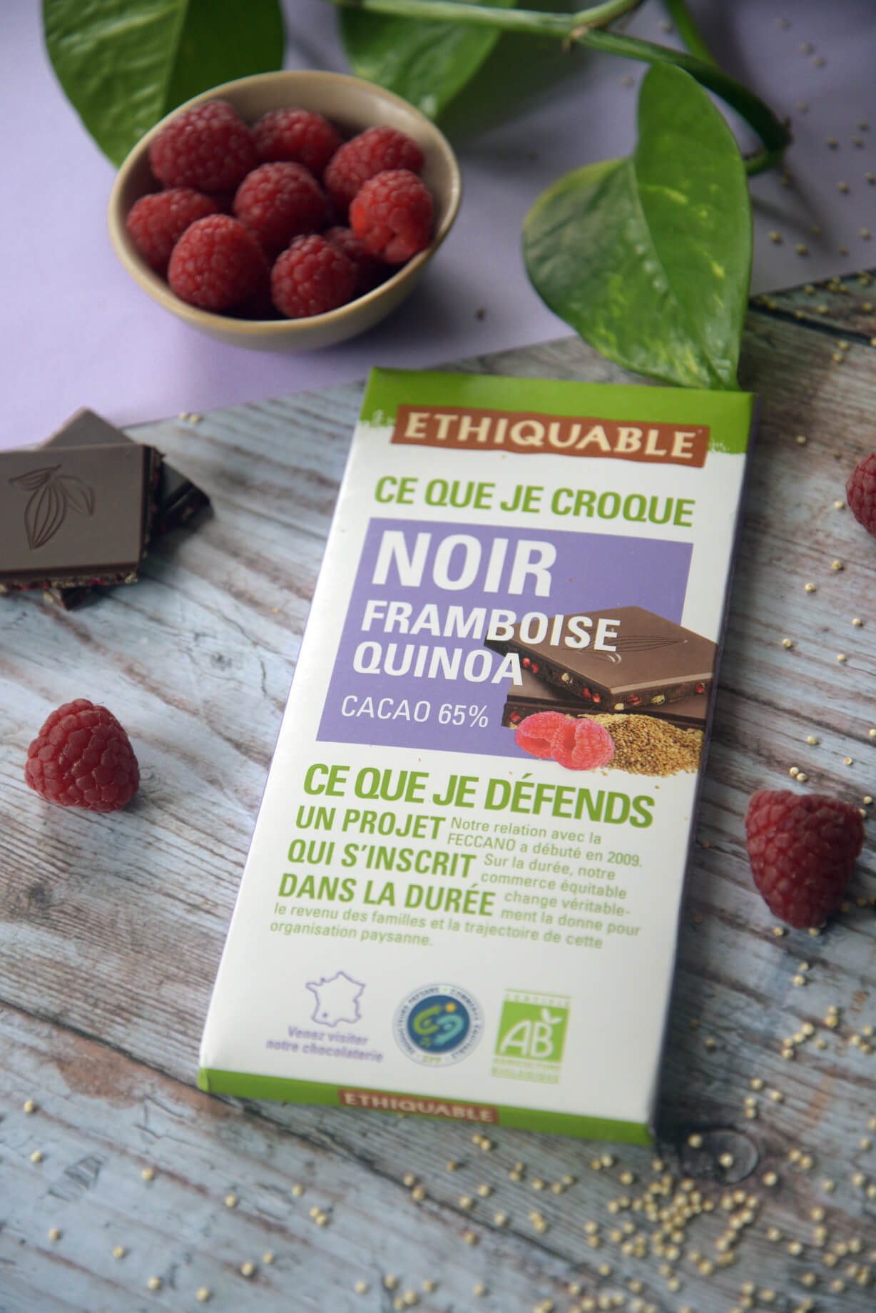 Tablette Chocolat noir Framboise Quinoa 65% de cacao