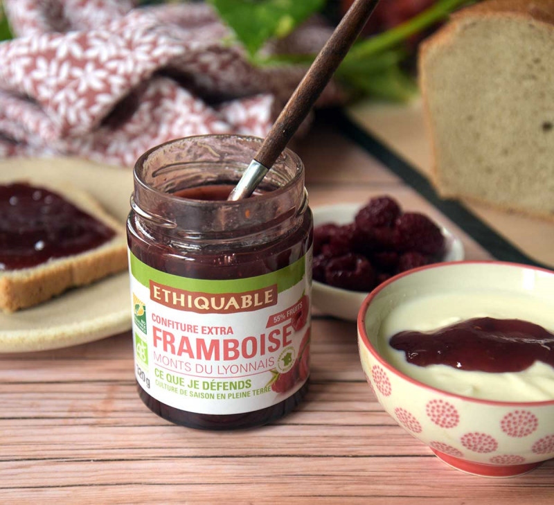 Confiture ethiquable de framboise bio et équitable monts du lyonnais tartinable