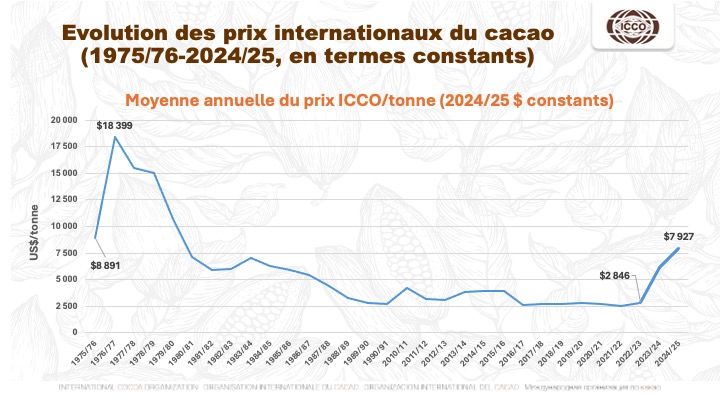 Evolution des prix du cacao en termes constants