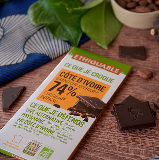 chocolat noir 74% de cacao équitable bio cote d'ivoire ethiquable