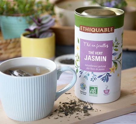 boite thé feuille entière vert jasmin tasse ethquable équitable bio