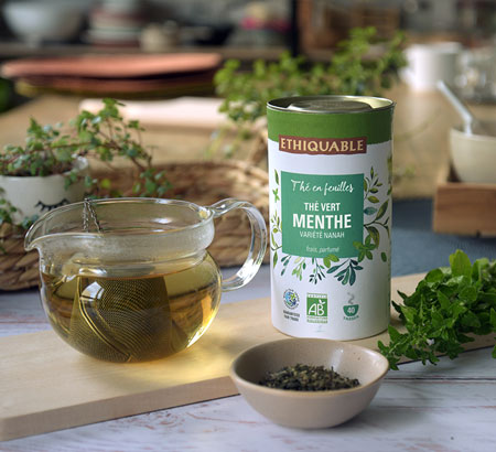 tasse thé vrac en feuille vert menthe ethquable équitable bio