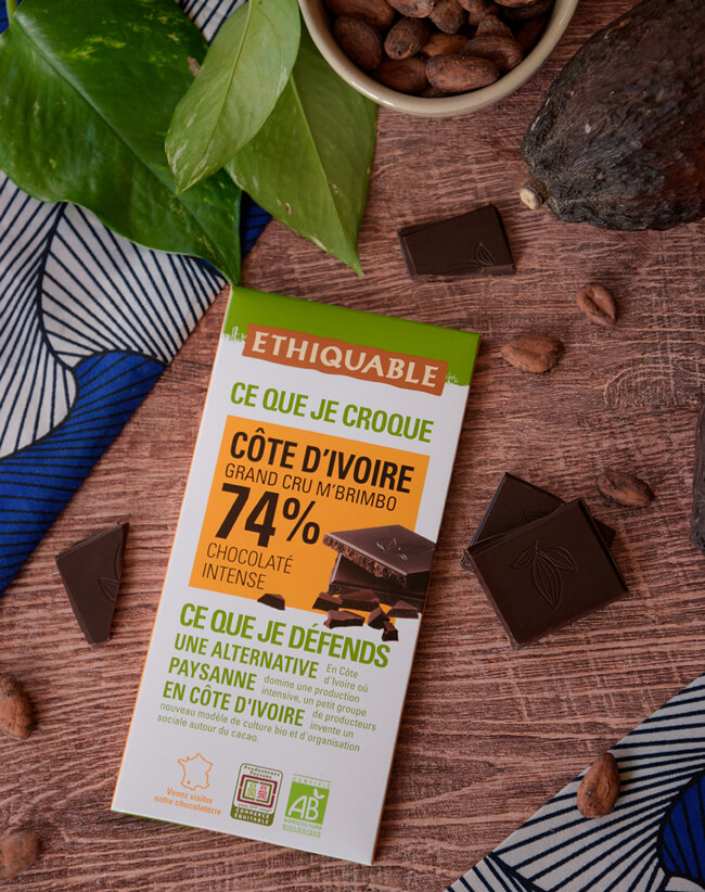 Chocolat noir 74% de cacao équitable bio cote d'ivoire ethiquable