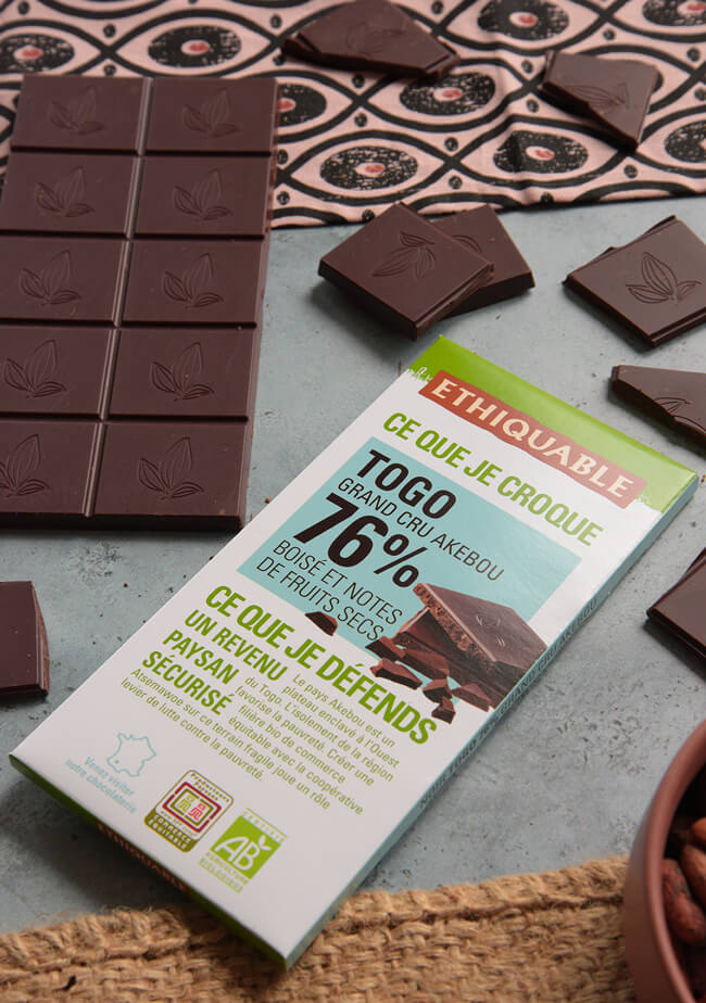 chocolat noir 76% de cacao équitable bio togo ethiquable
