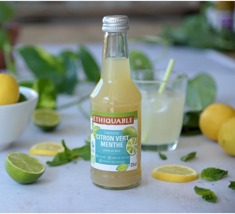 bouteille verre jus-concentre-citron-vert-menthe-litchi-equateur-equitable-bio-ethiquable