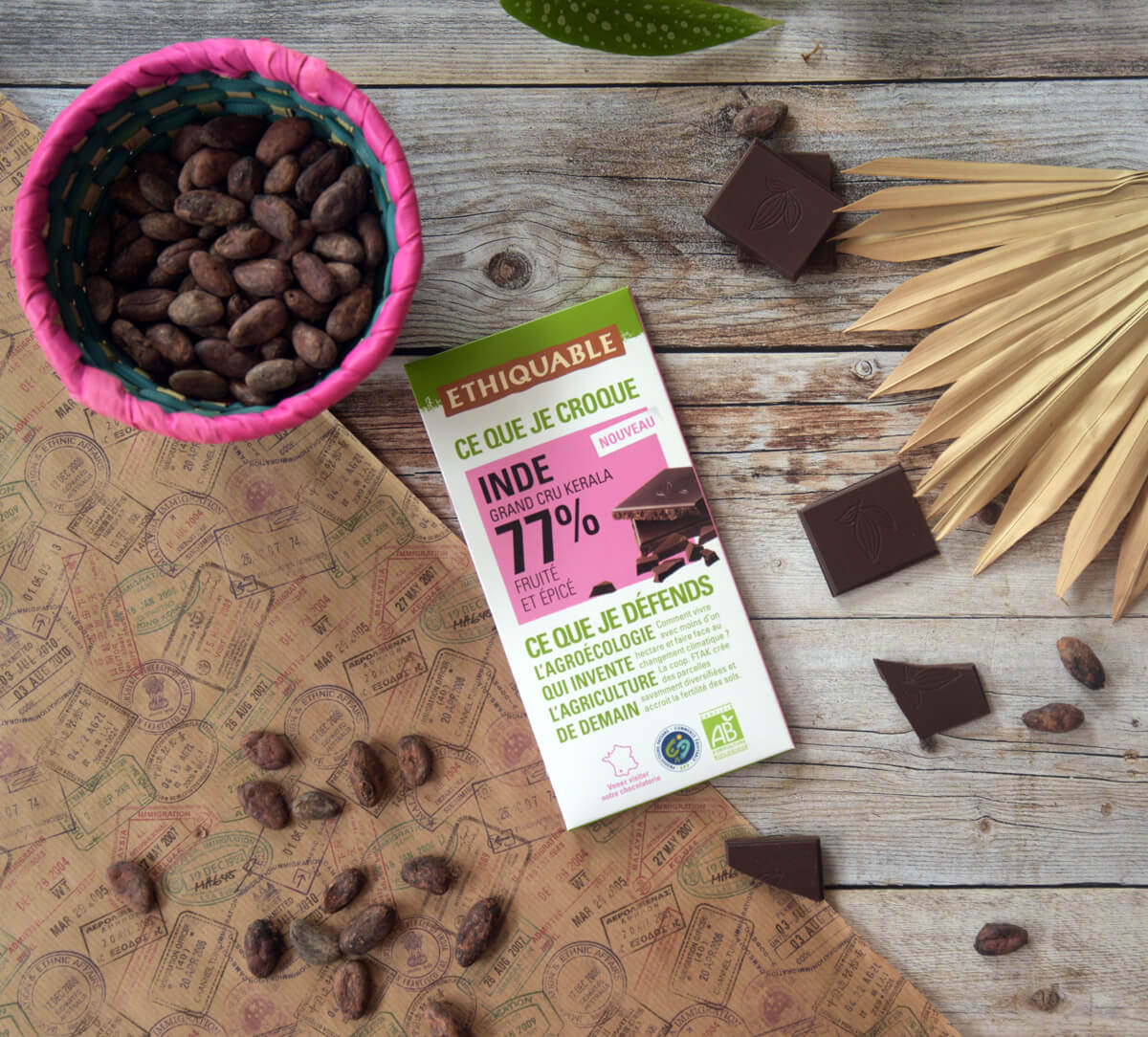 Tablette de chocolat noir 77% de cacao Inde grand cru Kerala