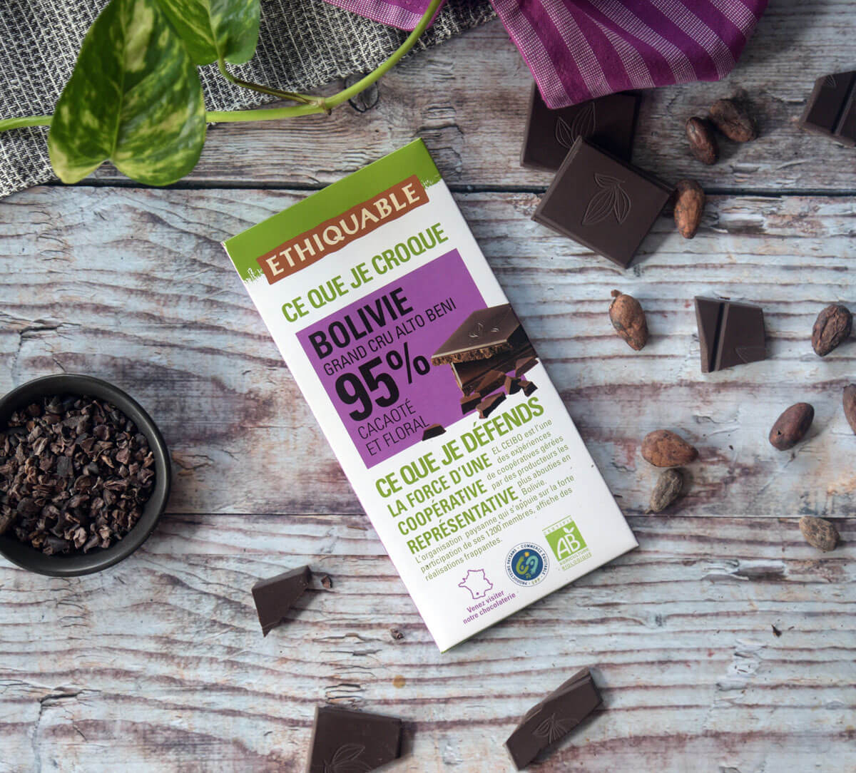 Tablette de chocolat noir 95% de cacao Bolivie grand cru Alto Beni