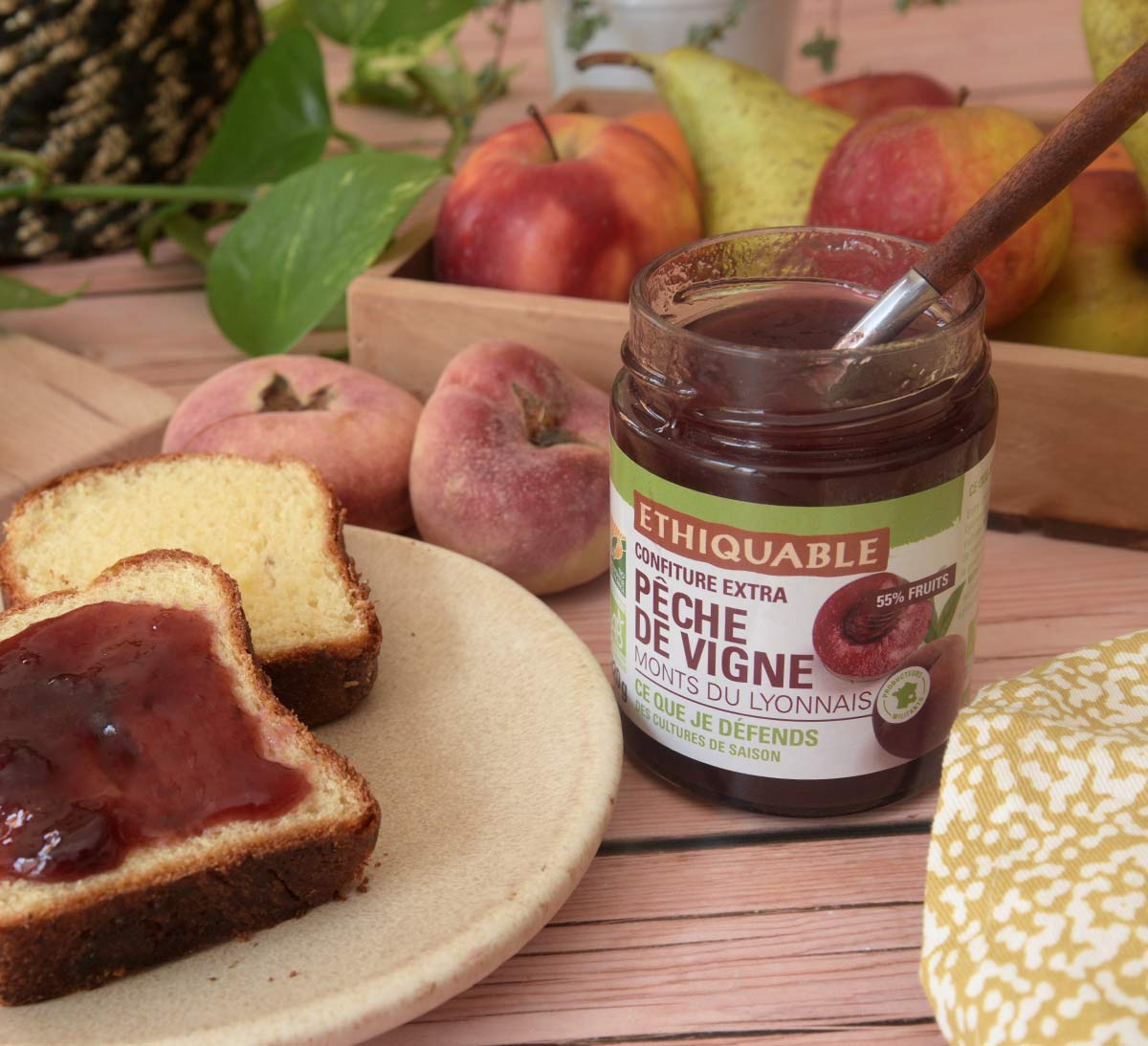 pot confiture pèche de vigne ethiquable bio equitable france monts du lyonnaisre