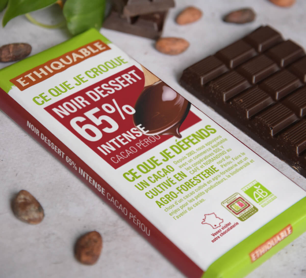 chocolat noir dessert intense 65% de cacao ethiquable équitable bio
