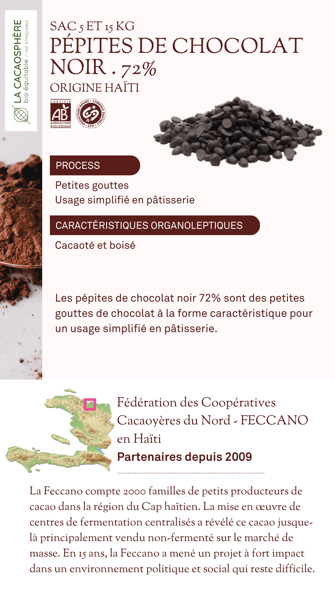 pépites de chocolat noir 72% La cacaosphère bio équitable
