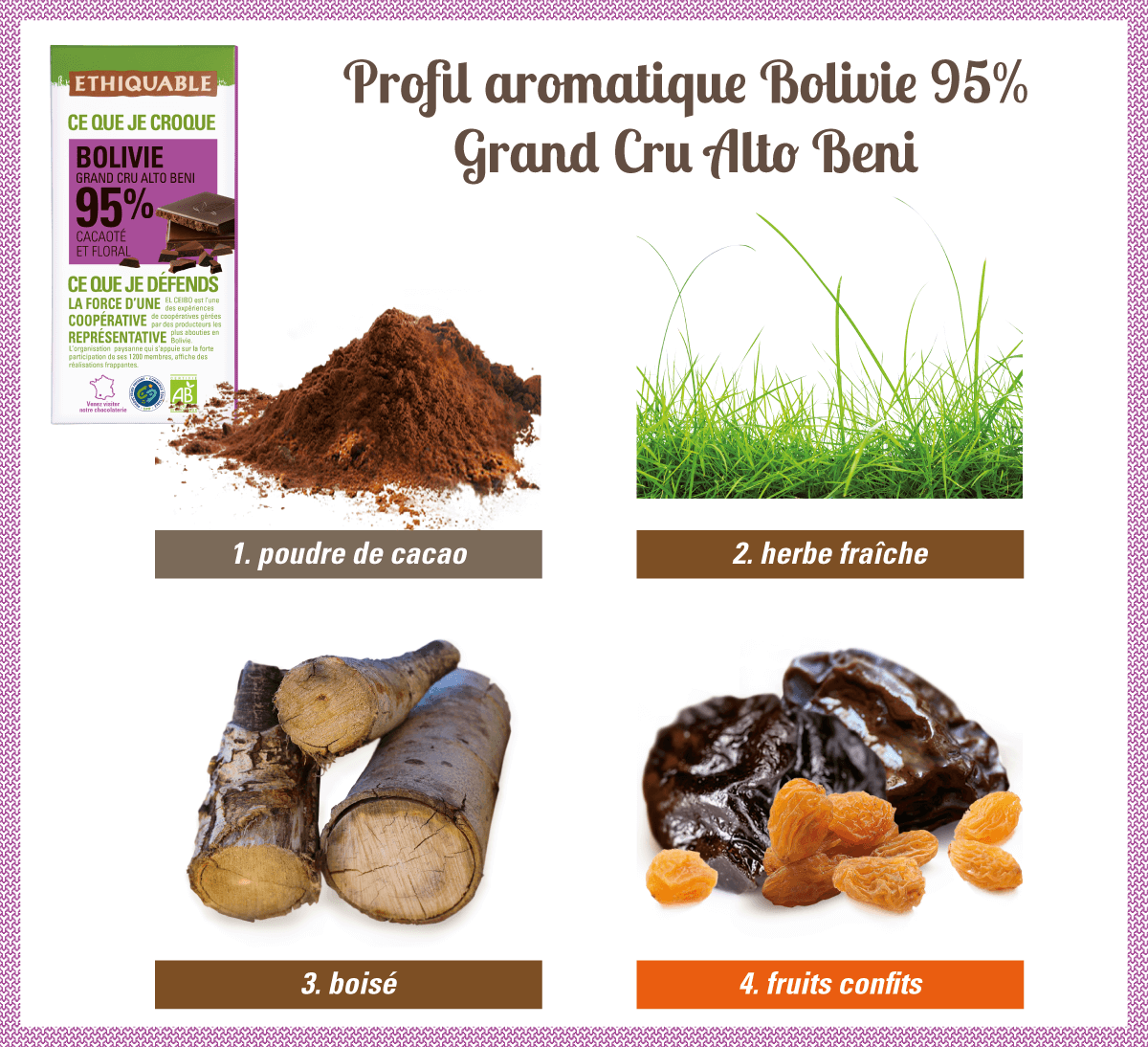Profil aromatique chocolat noir 95% de cacao Bolivie grand cru Alto Beni