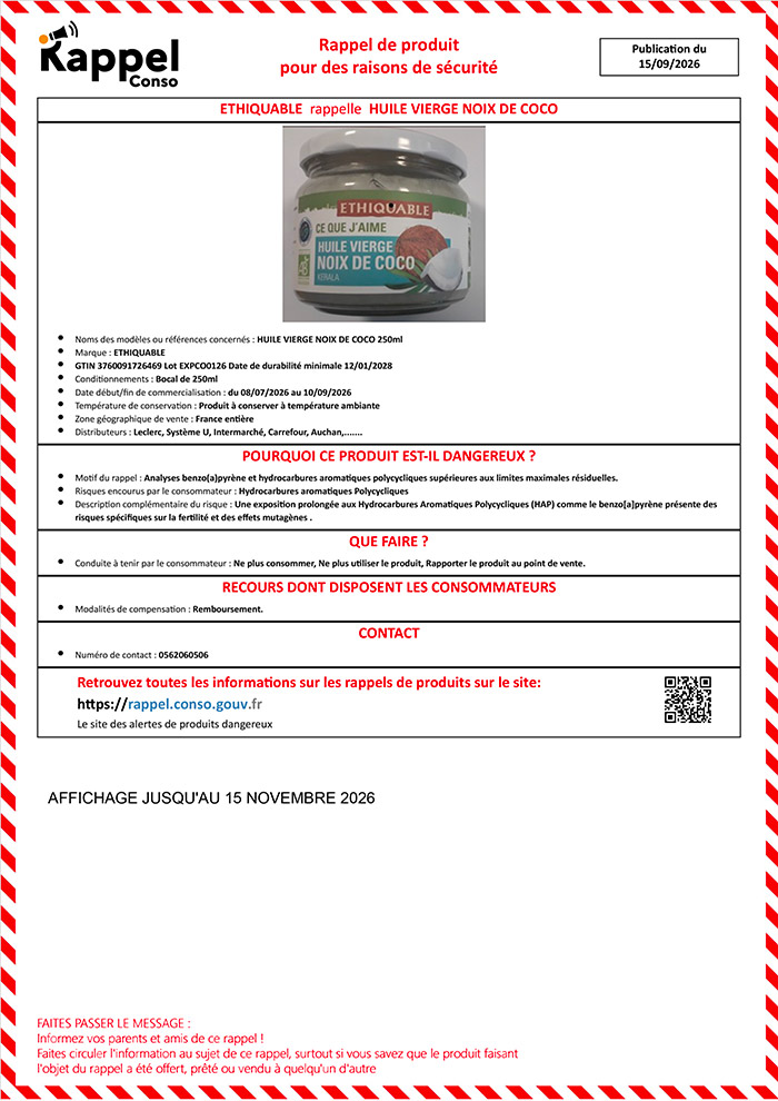 Rappel produit huile de coco