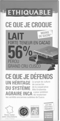 Chocolat au lait 56% de cacao Perou grand cru Cusco