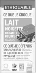 Chocolat au lait noisette caramel beurre salé 42% de cacao bio et équitable Chocolat au lait noisette caramel beurre salé 42% de cacao
