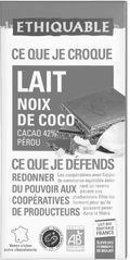 Chocolat au lait noix de coco équitable et bio Chocolat au lait noix de coco