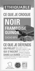 Chocolat noir framboise quinoa 65% de cacao équitable et bio Chocolat noir framboise quinoa 65% de cacao