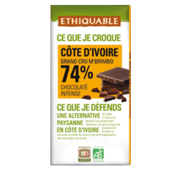ETHIQUABLE CHOCOLAT BIO EQUITABLE noir cote d'ivoire 74 %