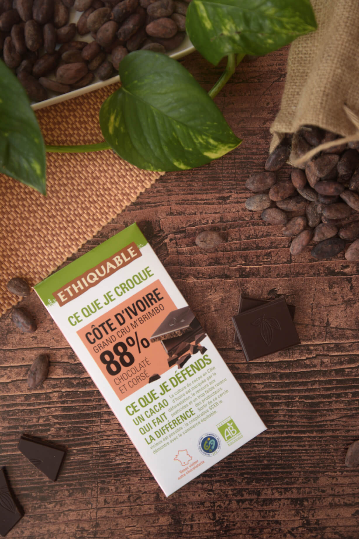 Tablette Chocolat noir 88% de cacao Cote d'Ivoire grand cru M'Brimbo