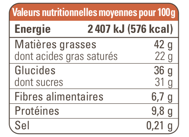 Valeurs nutritionnelles chocolat au lait cajou caramelisee 53% cacao
