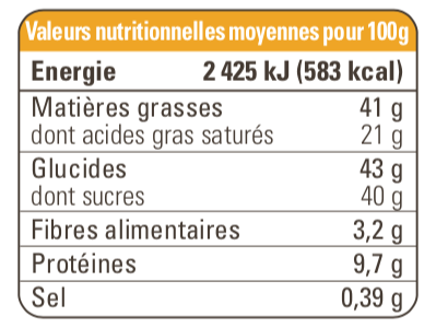 Valeurs nutritionnelles chocolat au lait noisette caramel beurre salé