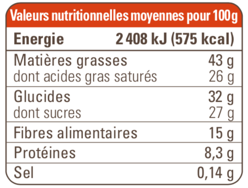 Valeurs nutritionnelles Chocolat noir 70% Pérou grand cru équitable et bio
