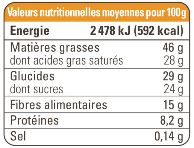 Valeurs nutritionnelles Chocolat noir 74% Côte d'Ivoire grand cru équitable et bio